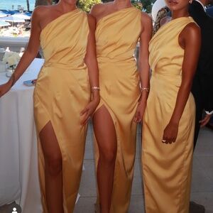 Yellow One-Shoulder Satin Gown with High Slit